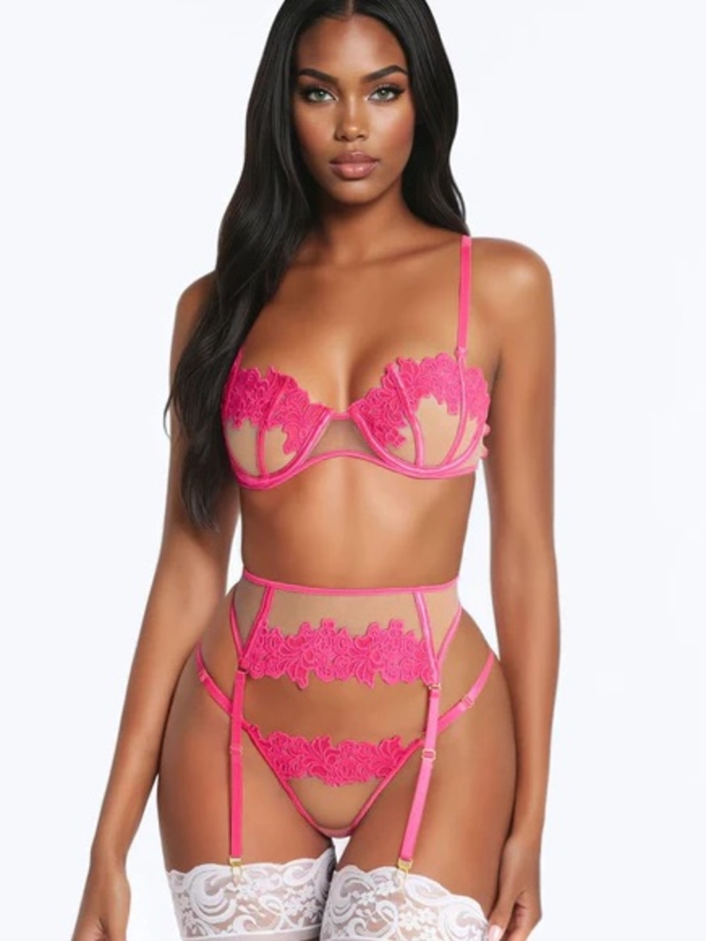 Maria 3 Piece Hot Pink Embroidered Lingerie Set NEW 🏷️